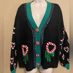 Christmas Sweater Cardigan Candy Cane Hearts Sequins Embroidered Women’s Large